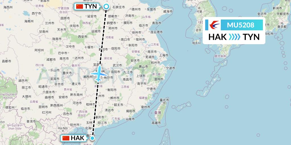 MU5208 China Eastern Airlines Flight Map: Haikou to Taiyuan
