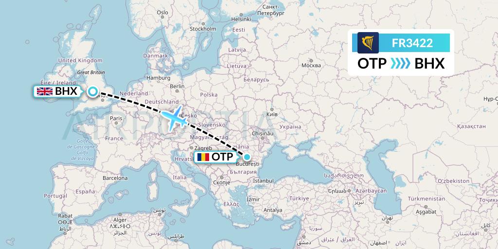 FR3422 Ryanair Flight Map: Bucharest to Birmingham