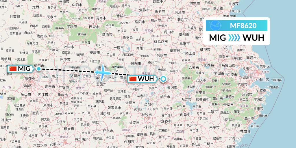 MF8620 Xiamen Airlines Flight Map: Mianyang to Wuhan