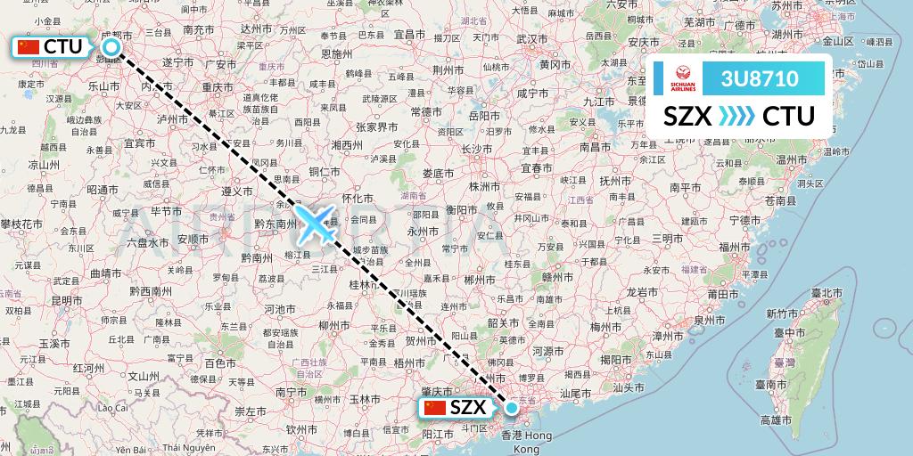 3U8710 Sichuan Airlines Flight Map: Shenzhen to Chengdu
