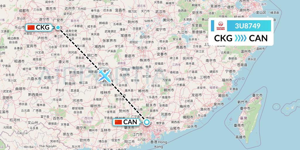 3U8749 Sichuan Airlines Flight Map: Chongqing to Guangzhou