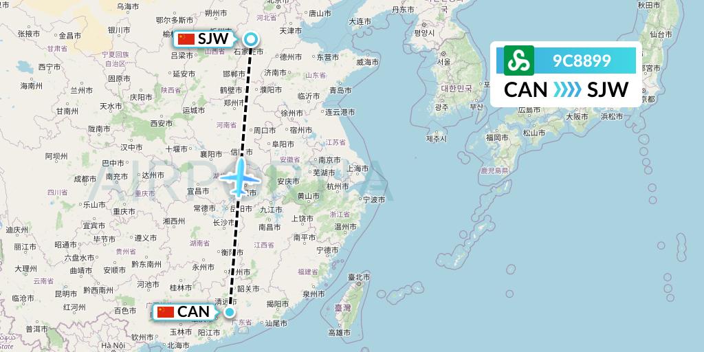 9C8899 Spring Airlines Flight Map: Guangzhou to Shijiazhuang