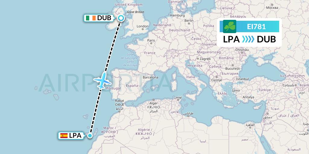 EI781 Aer Lingus Flight Map: Las Palmas to Dublin