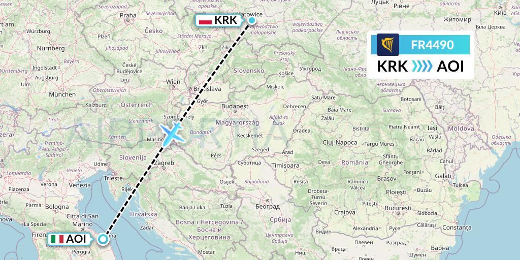 FR4490 Ryanair Flight Map: Krakow to Ancona