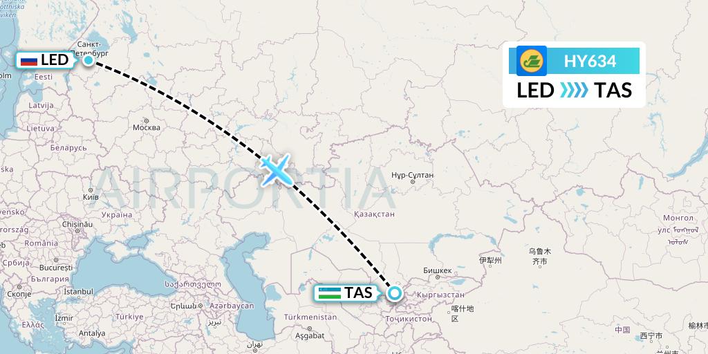 HY634 Uzbekistan Airways Flight Map: St. Petersburg to Tashkent