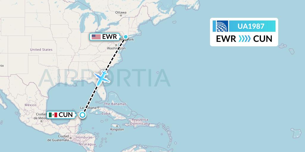 UA1987 United Airlines Flight Map: New York to Cancun