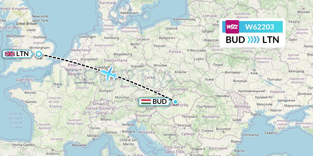 W62203 Wizz Air Flight Map: Budapest to London