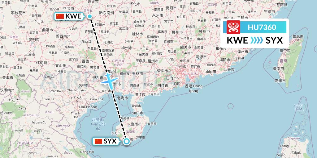 HU7360 Hainan Airlines Flight Map: Guiyang to Sanya