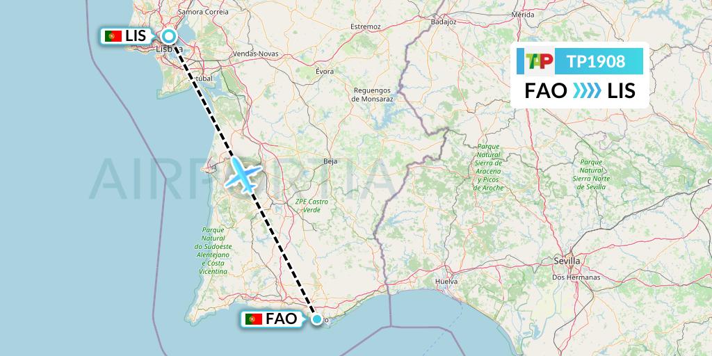 TP1908 TAP Portugal Flight Map: Faro to Lisbon