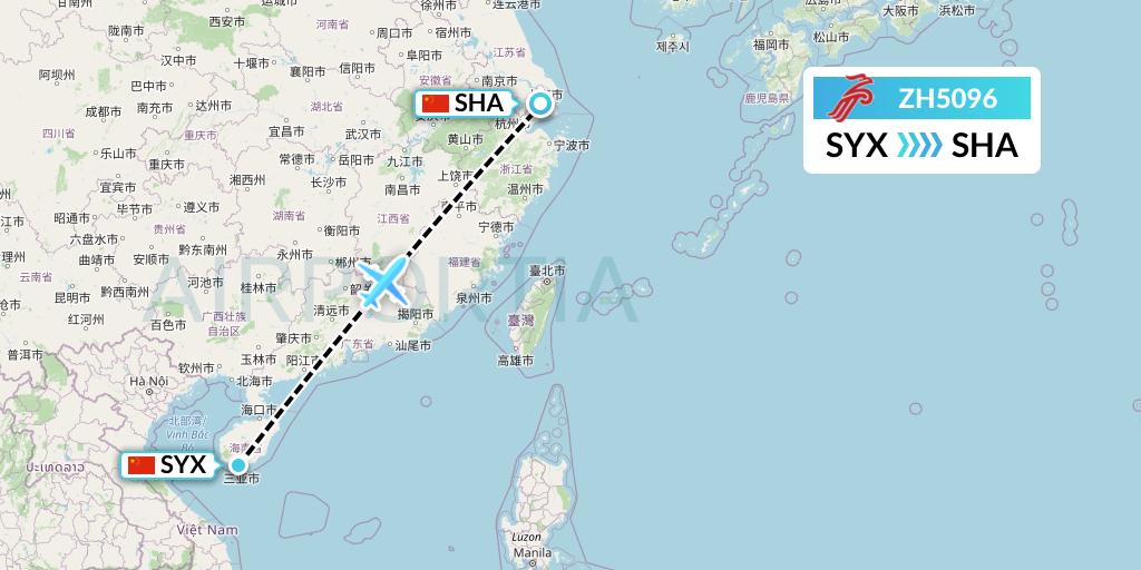 ZH5096 Shenzhen Airlines Flight Map: Sanya to Shanghai