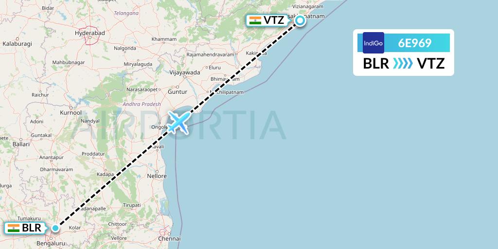 6E969 IndiGo Airlines Flight Map: Bangalore to Visakhapatnam