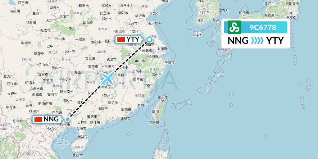 9C6778 Spring Airlines Flight Map: Nanning to Yangzhou