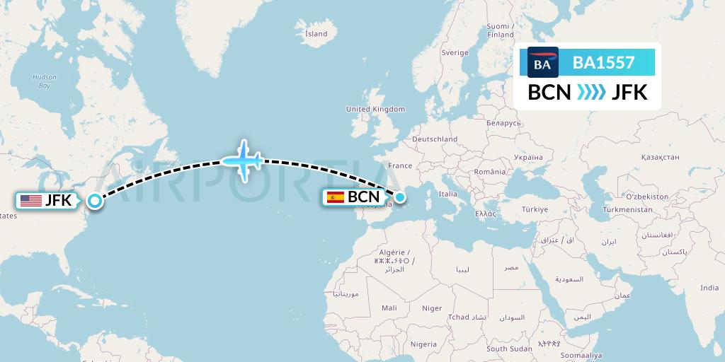 BA1557 British Airways Flight Map: Barcelona to New York