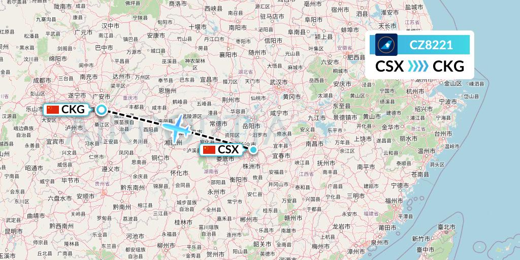 CZ8221 China Southern Airlines Flight Map: Changsha to Chongqing