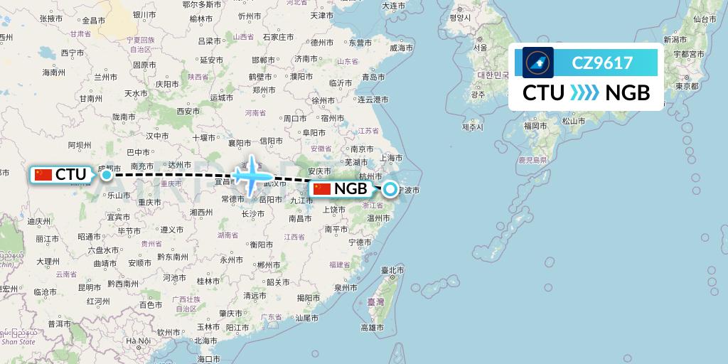 CZ9617 China Southern Airlines Flight Map: Chengdu to Ningbo