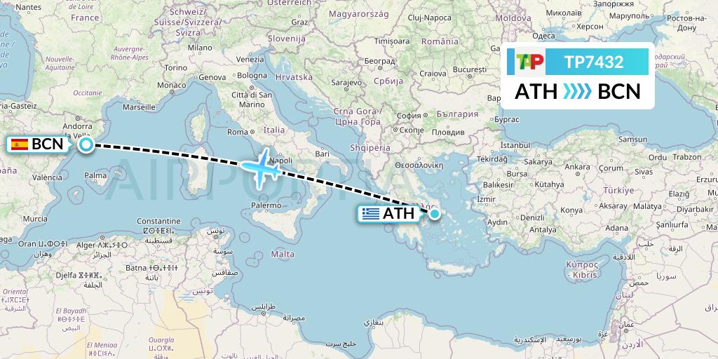 TP7432 TAP Portugal Flight Map: Athens to Barcelona