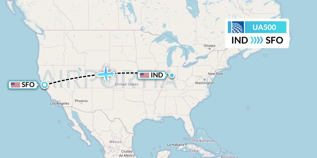 UA500 United Airlines Flight Map: Indianapolis to San Francisco