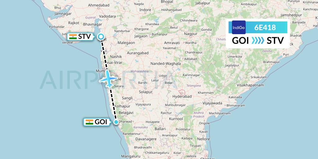 6E418 IndiGo Airlines Flight Map: Goa to Surat