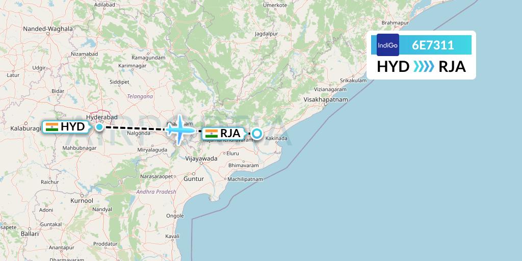 6E7311 IndiGo Airlines Flight Map: Hyderabad to Rajahmundry