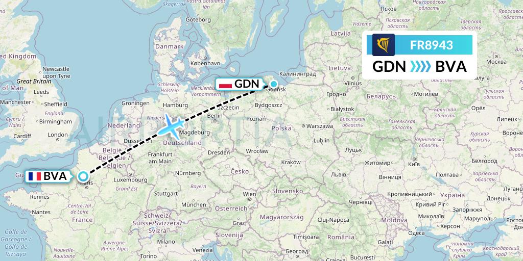 FR8943 Ryanair Flight Map: Gdansk to Paris
