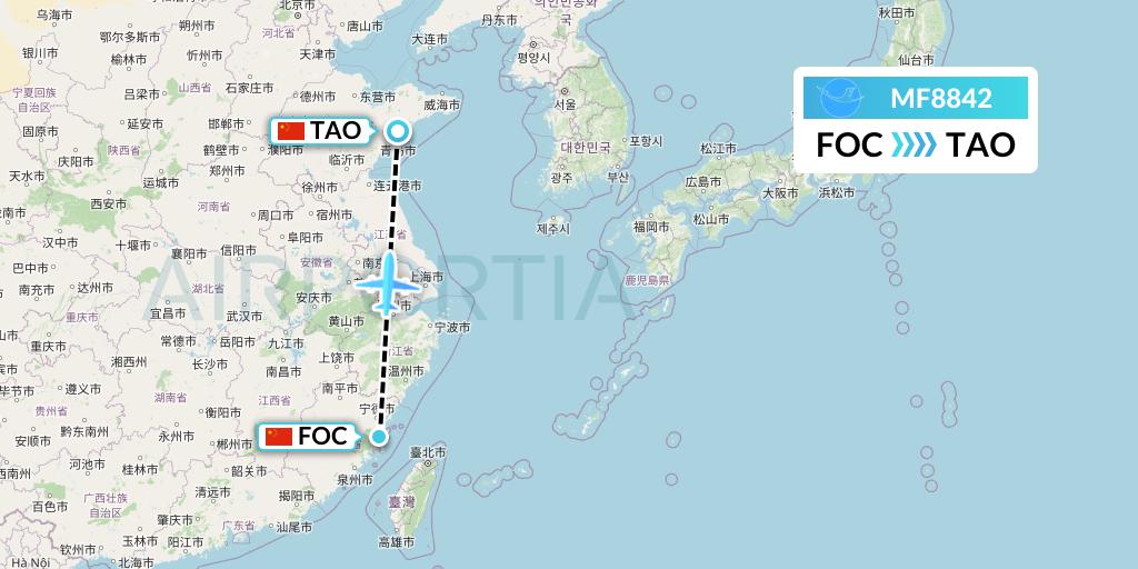 MF8842 Xiamen Airlines Flight Map: Fuzhou to Qingdao