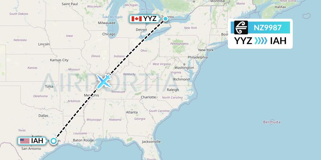 NZ9987 Air New Zealand Flight Map: Toronto to Houston