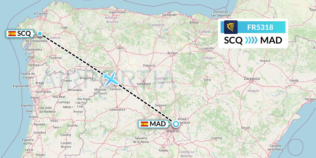 FR5318 Ryanair Flight Map: Santiago to Madrid