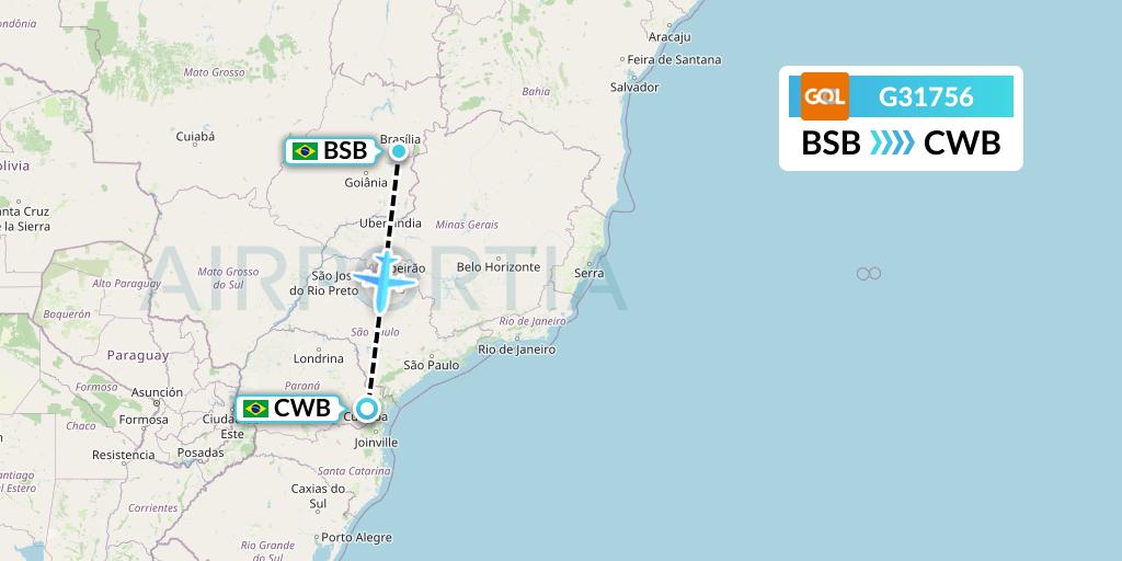 G31756 GOL Transportes Aeros Flight Map: Brasilia to Curitiba