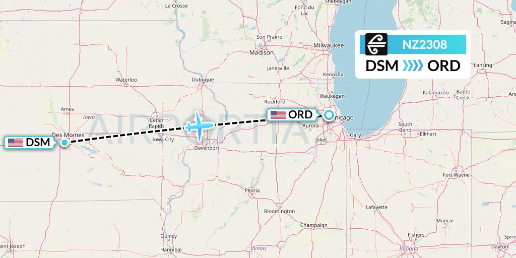 NZ2308 Air New Zealand Flight Map: Des Moines to Chicago