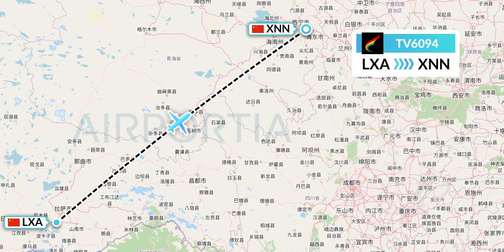 TV6094 Tibet Airlines Flight Map: Lhasa to Xining