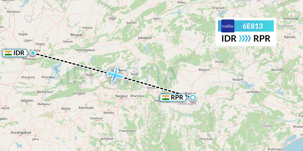 6E813 IndiGo Airlines Flight Map: Indore to Raipur