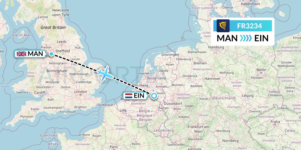 FR3234 Ryanair Flight Map: Manchester to Eindhoven
