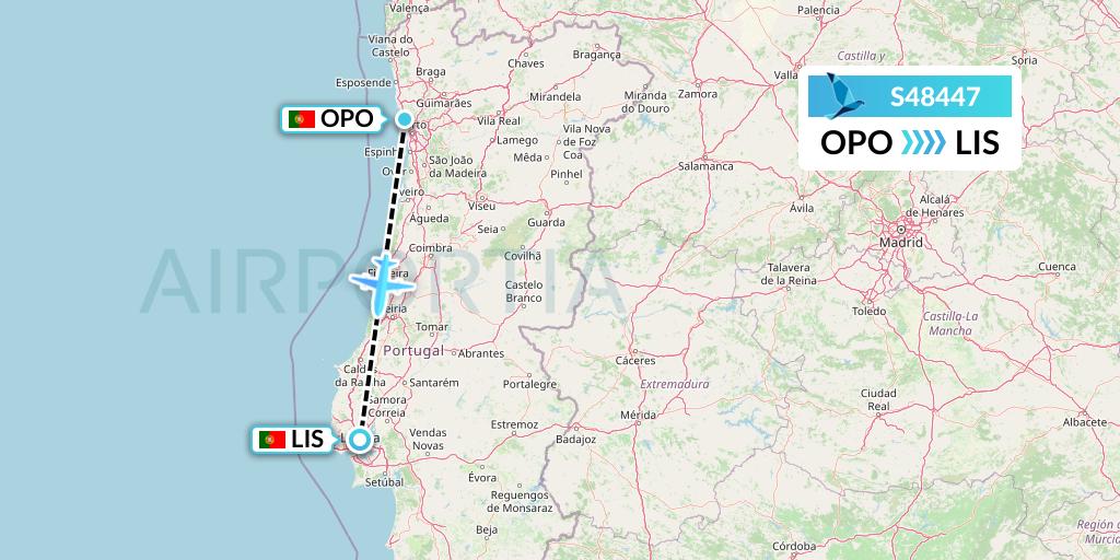 S48447 Azores Airlines Flight Map: Porto to Lisbon