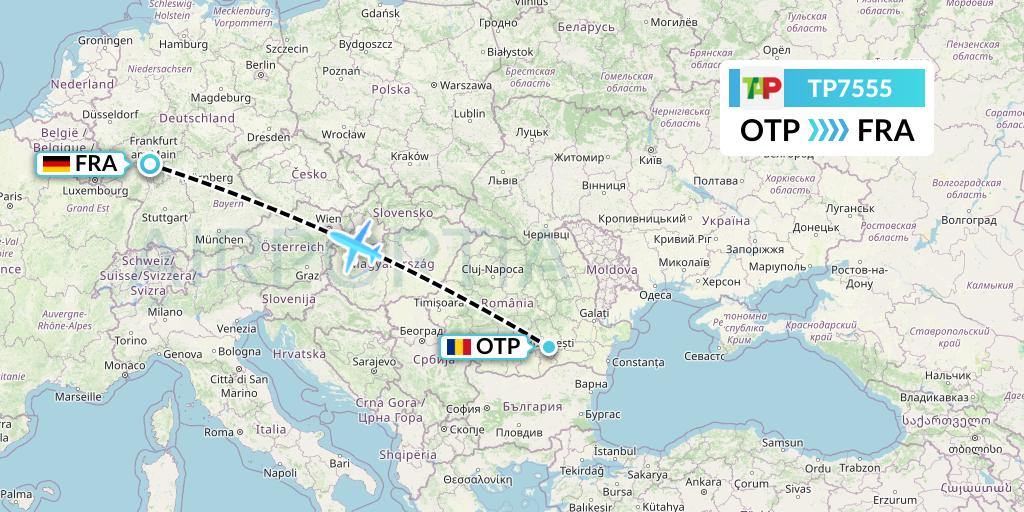 TP7555 TAP Portugal Flight Map: Bucharest to Frankfurt