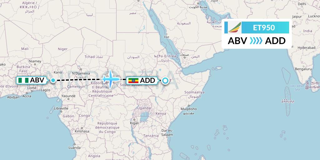 ET950 Ethiopian Airlines Flight Map: Abuja to Addis Ababa