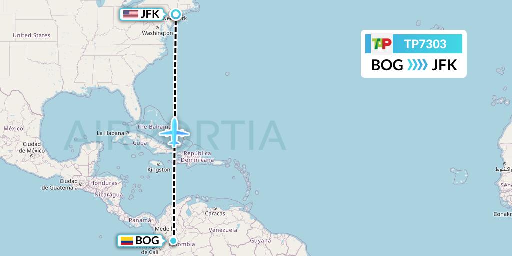 TP7303 TAP Portugal Flight Map: Bogota to New York
