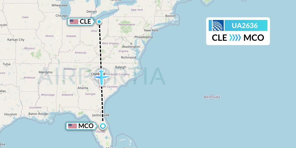 UA2636 United Airlines Flight Map: Cleveland to Orlando