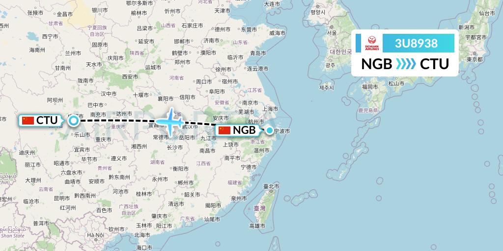 3U8938 Sichuan Airlines Flight Map: Ningbo to Chengdu