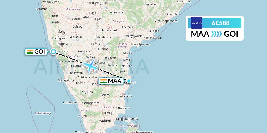 6E588 IndiGo Airlines Flight Map: Chennai to Goa