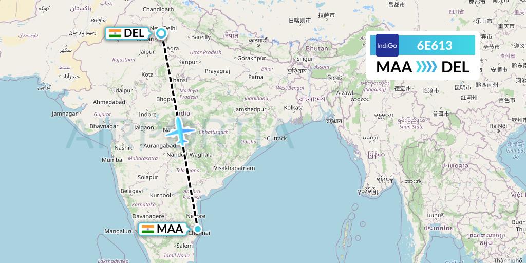 6E613 IndiGo Airlines Flight Map: Chennai to Delhi