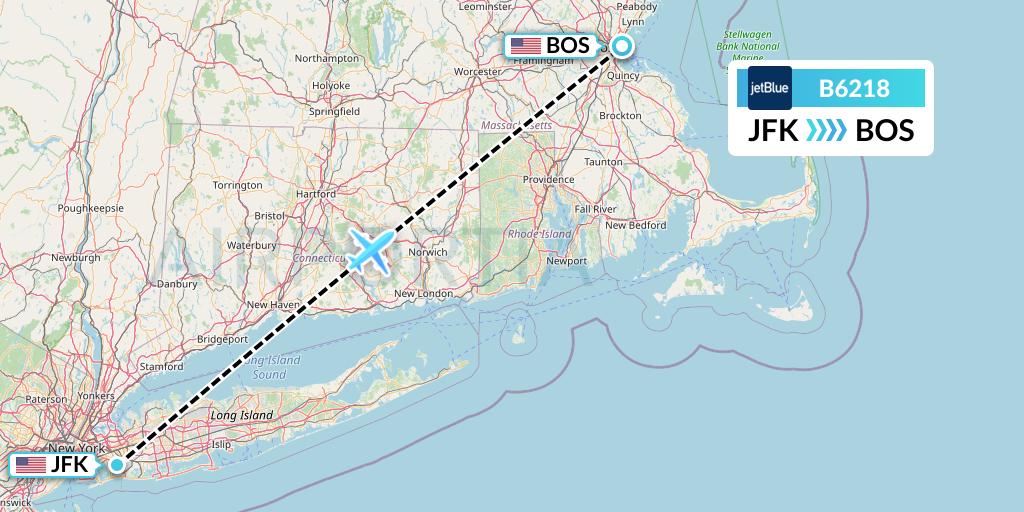 B6218 JetBlue Airways Flight Map: New York to Boston