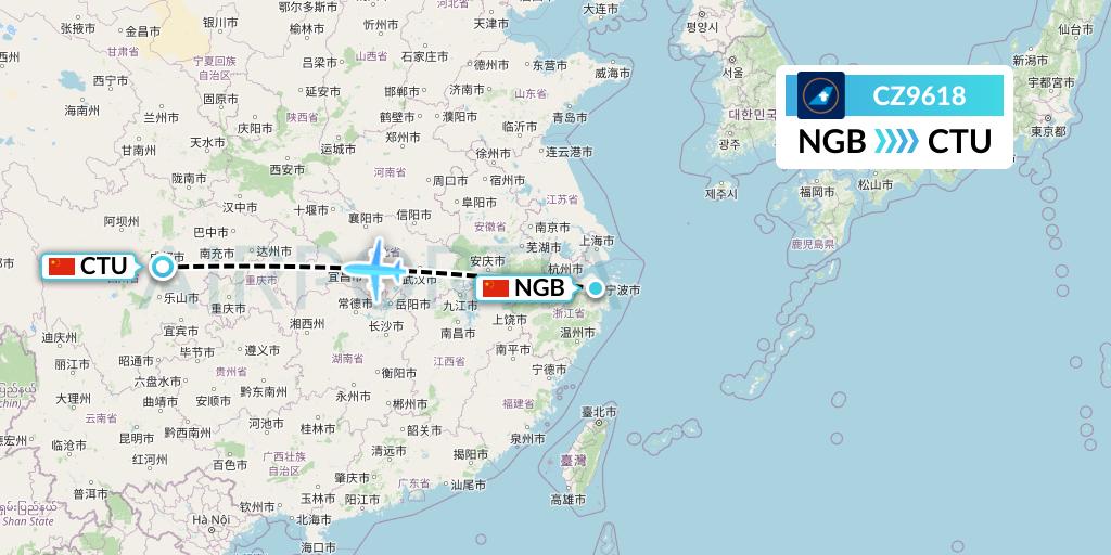 CZ9618 China Southern Airlines Flight Map: Ningbo to Chengdu