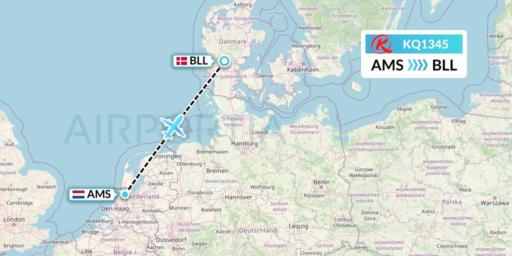 KQ1345 Kenya Airways Flight Map: Amsterdam to Billund