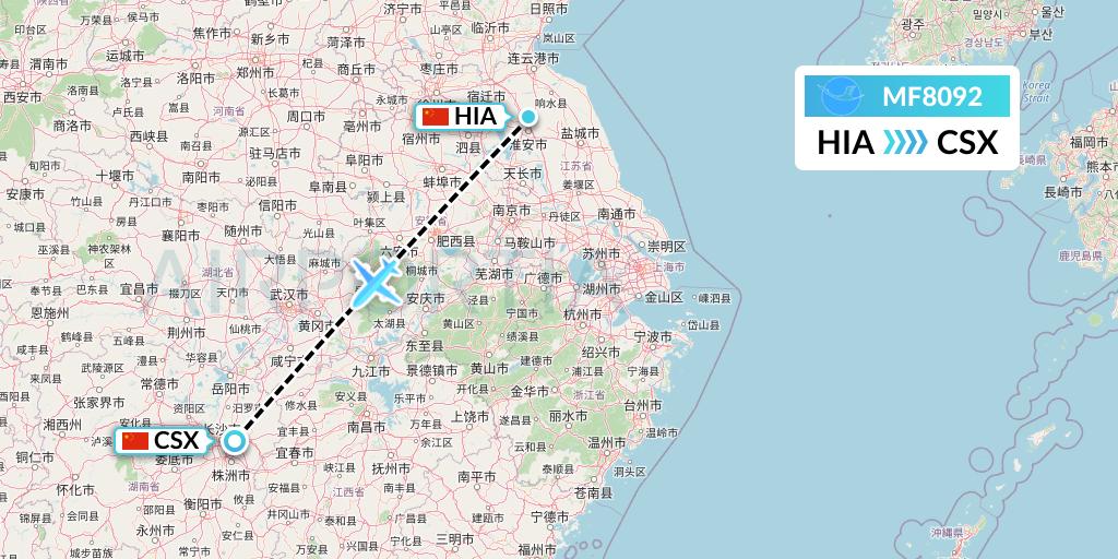 MF8092 Xiamen Airlines Flight Map: Huai'an to Changsha