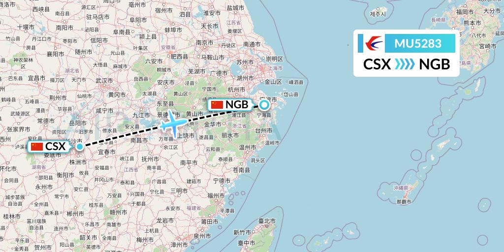 MU5283 China Eastern Airlines Flight Map: Changsha to Ningbo