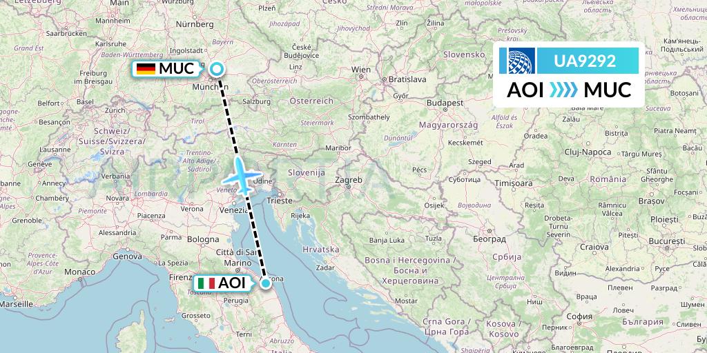 UA9292 United Airlines Flight Map: Ancona to Munich
