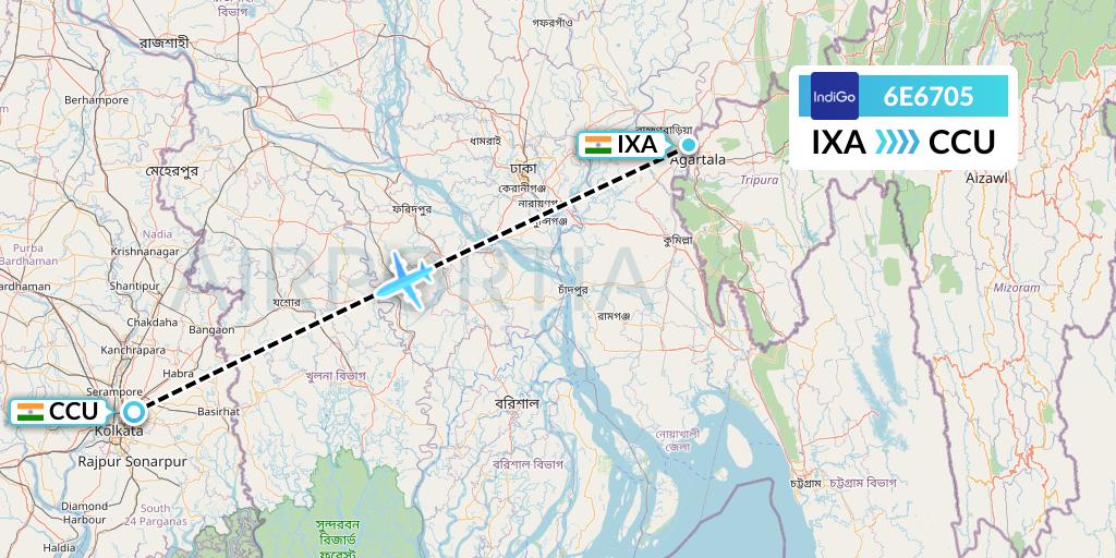 6E6705 IndiGo Airlines Flight Map: Agartala to Kolkata