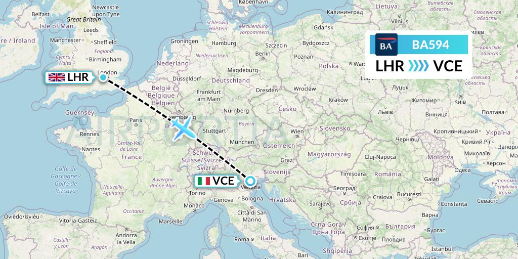 BA594 British Airways Flight Map: London to Venice
