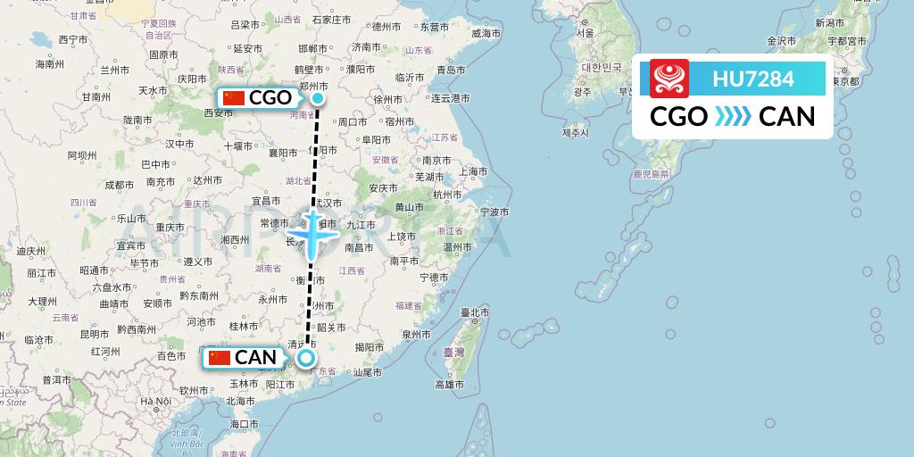 HU7284 Hainan Airlines Flight Map: Zhengzhou to Guangzhou