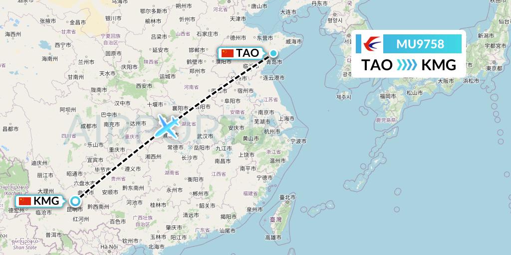 MU9758 China Eastern Airlines Flight Map: Qingdao to Kunming